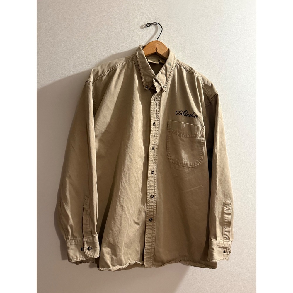 Vintage Most Wanted Alaska Embroidered Khaki Cotton Button Down Shirt Mens L